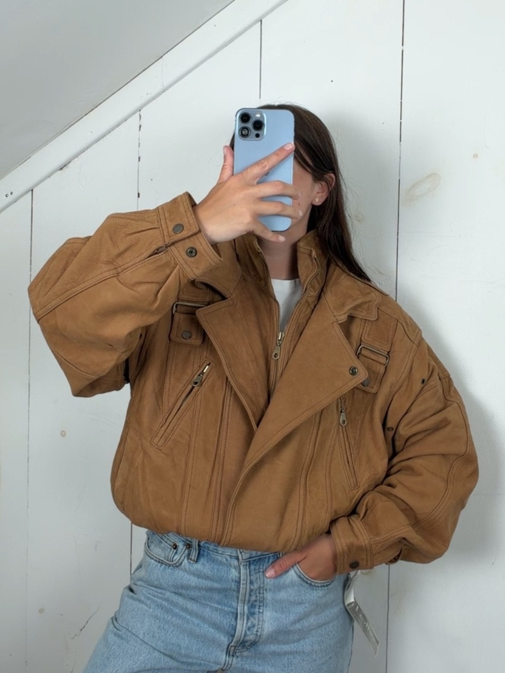 Vintage Brown Genuine Leather Bomber Jacket Mens Small High Collar NWT Deadstock